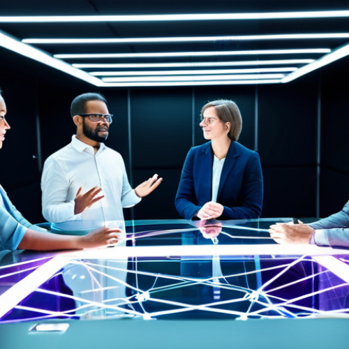 Home 4 A diverse group of five professionals, comprising a scientist, an artist, a philosopher, and an engineer, are engaged in collaborative brainstorming around a large, futuristic holographic table within a bright, modern innovation hub. They are fully clothed in professional, modest business casual attire. Abstract light trails subtly connect their hands and the holographic projections, symbolizing the seamless fusion of diverse ideas and disciplines. The background features blurred, sleek architectural elements and vibrant, yet subtle, representations of data and creative concepts. The image conveys a strong sense of breakthrough and new possibilities, with each individual exhibiting focused engagement on their shared objective. Perfect anatomy, correct proportions, natural pose, well-formed hands, proper finger count, natural body proportions, safe for work, appropriate content, family-friendly.