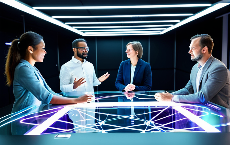 A diverse group of five professionals, comprising a scientist, an artist, a philosopher, and an engineer, are engaged in collaborative brainstorming around a large, futuristic holographic table within a bright, modern innovation hub. They are fully clothed in professional, modest business casual attire. Abstract light trails subtly connect their hands and the holographic projections, symbolizing the seamless fusion of diverse ideas and disciplines. The background features blurred, sleek architectural elements and vibrant, yet subtle, representations of data and creative concepts. The image conveys a strong sense of breakthrough and new possibilities, with each individual exhibiting focused engagement on their shared objective. Perfect anatomy, correct proportions, natural pose, well-formed hands, proper finger count, natural body proportions, safe for work, appropriate content, family-friendly.